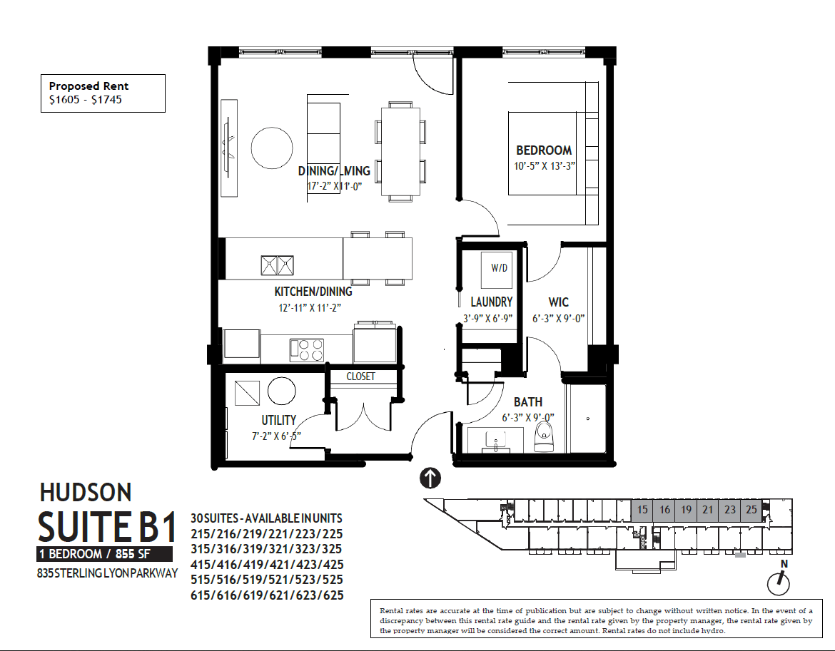 Floor plan for 1 bed, 1 bath, 855 sqft